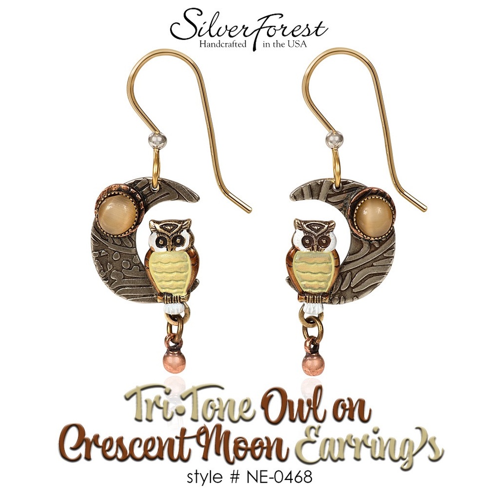 Silver Forest Tri-Tone Owl on Crescent Moon Earrings 🦉🌙